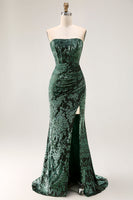 Laden Sie das Bild in den Galerie-Viewer, Pfauengrün Corsage Ohne Träger Langes Samt Festliches Kleid mit Schlitz
