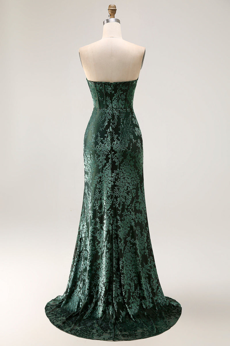Laden Sie das Bild in den Galerie-Viewer, Pfauengrün Corsage Ohne Träger Langes Samt Festliches Kleid mit Schlitz