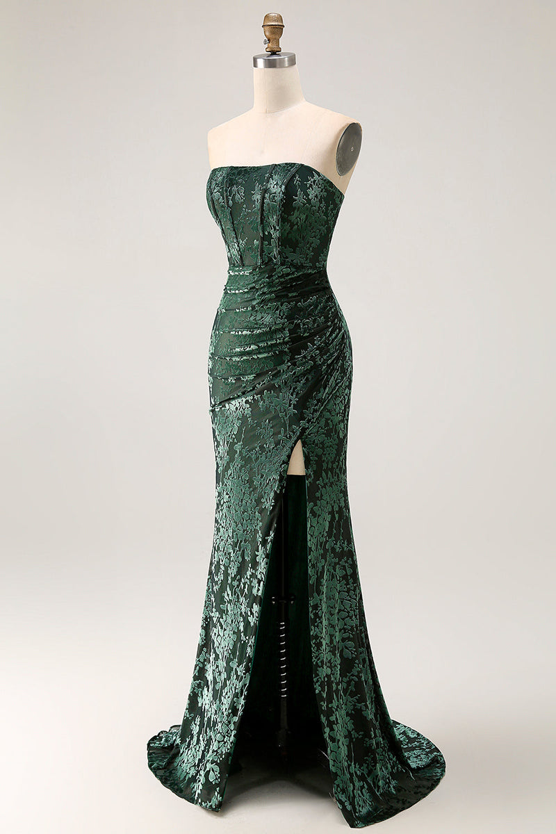 Laden Sie das Bild in den Galerie-Viewer, Pfauengrün Corsage Ohne Träger Langes Samt Festliches Kleid mit Schlitz