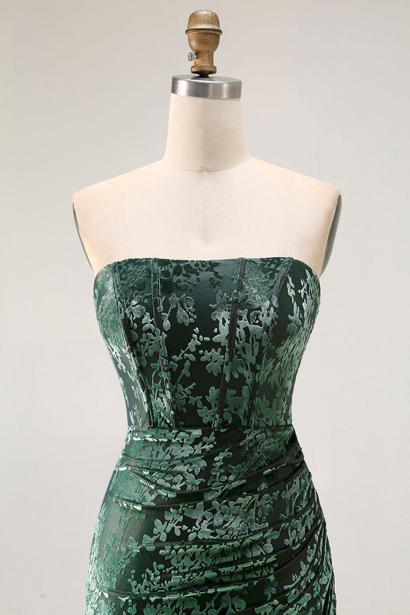Laden Sie das Bild in den Galerie-Viewer, Pfauengrün Corsage Ohne Träger Langes Samt Festliches Kleid mit Schlitz