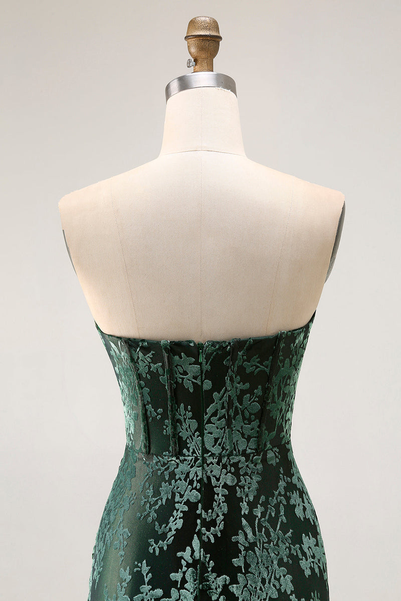 Laden Sie das Bild in den Galerie-Viewer, Pfauengrün Corsage Ohne Träger Langes Samt Festliches Kleid mit Schlitz