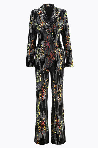 Glitzernd Schwarz Pailletten 2 Teilig Festliches Damen Ensemble mit Revers