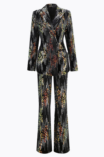 Glitzernd Schwarz Pailletten 2 Teilig Festliches Damen Ensemble mit Revers