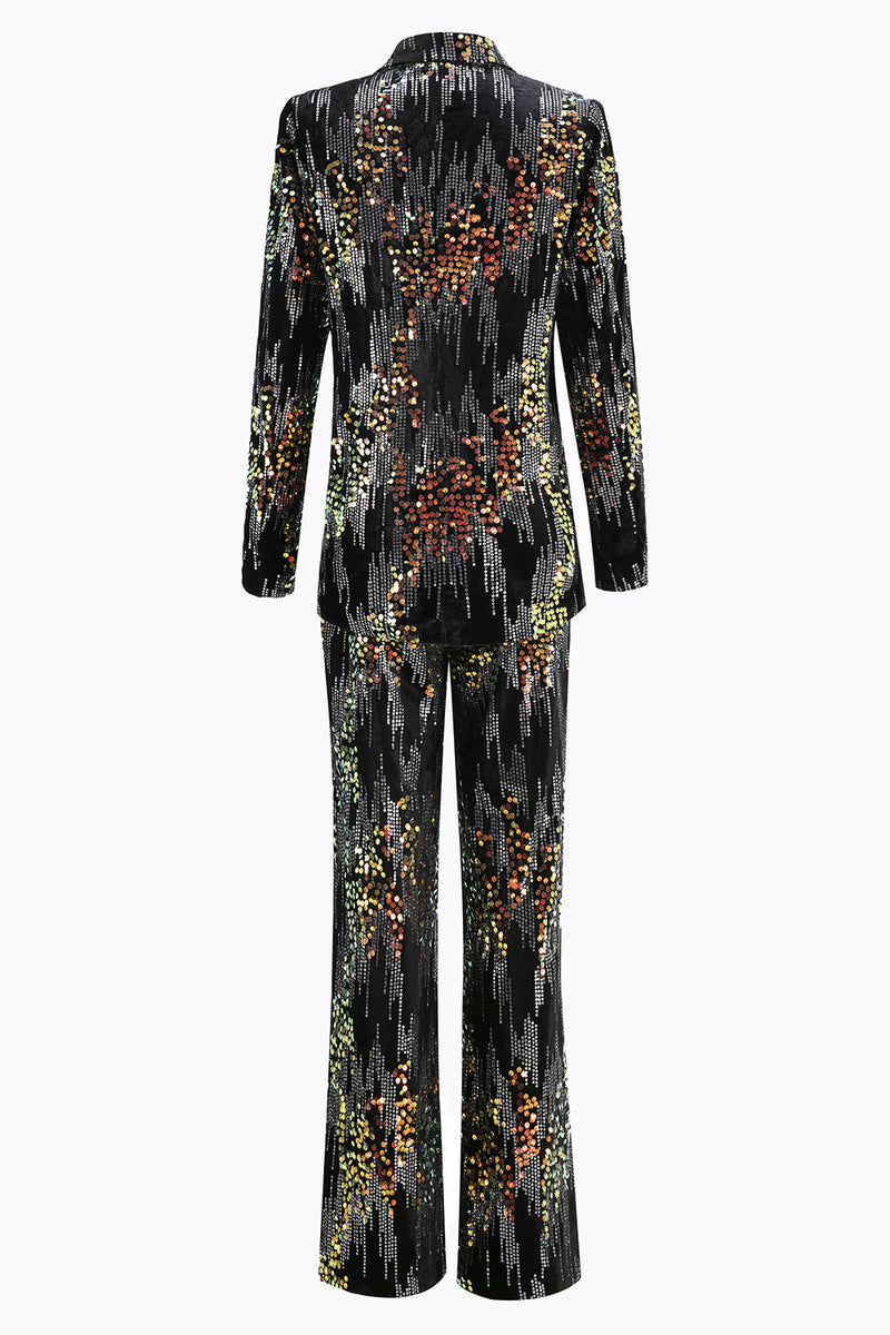 Laden Sie das Bild in den Galerie-Viewer, Glitzernd Schwarz Pailletten 2 Teilig Festliches Damen Ensemble mit Revers