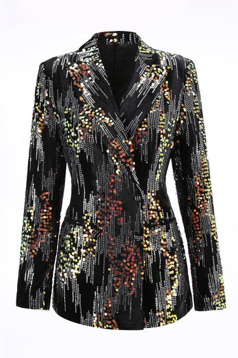 Glitzernd Schwarz Pailletten 2 Teilig Festliches Damen Ensemble mit Revers
