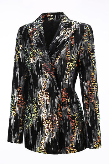 Glitzernd Schwarz Pailletten 2 Teilig Festliches Damen Ensemble mit Revers