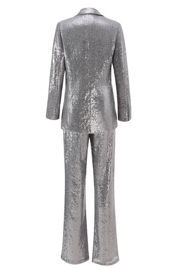 Glitzer Silber 2-teiliges Pailletten Damen-Abendanzug mit fallendem Revers