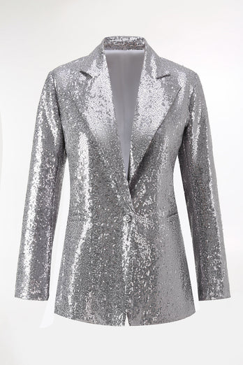 Glitzer Silber 2-teiliges Pailletten Damen-Abendanzug mit fallendem Revers