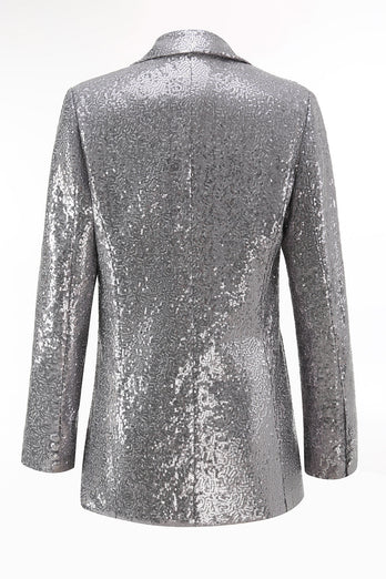 Glitzer Silber 2-teiliges Pailletten Damen-Abendanzug mit fallendem Revers