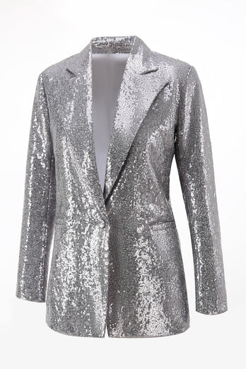Glitzer Silber 2-teiliges Pailletten Damen-Abendanzug mit fallendem Revers