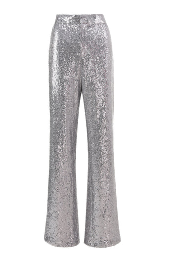 Glitzer Silber 2-teiliges Pailletten Damen-Abendanzug mit fallendem Revers