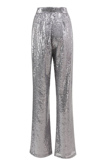 Glitzer Silber 2-teiliges Pailletten Damen-Abendanzug mit fallendem Revers