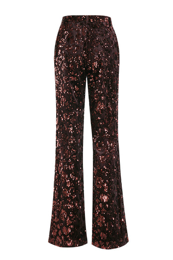 Glitzernd Kaffee 2 Teilig Pailletten Festliches Damen Ensemble mit Gürtel
