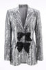Laden Sie das Bild in den Galerie-Viewer, Glitzernd Silber Grau Pailletten Festliches Damen Blazer mit Schleife