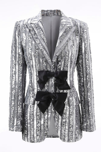 Glitzernd Silber Grau Pailletten Festliches Damen Blazer mit Schleife
