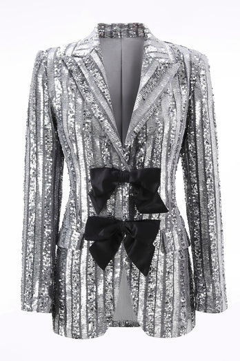 Glitzernd Silber Grau Pailletten Festliches Damen Blazer mit Schleife