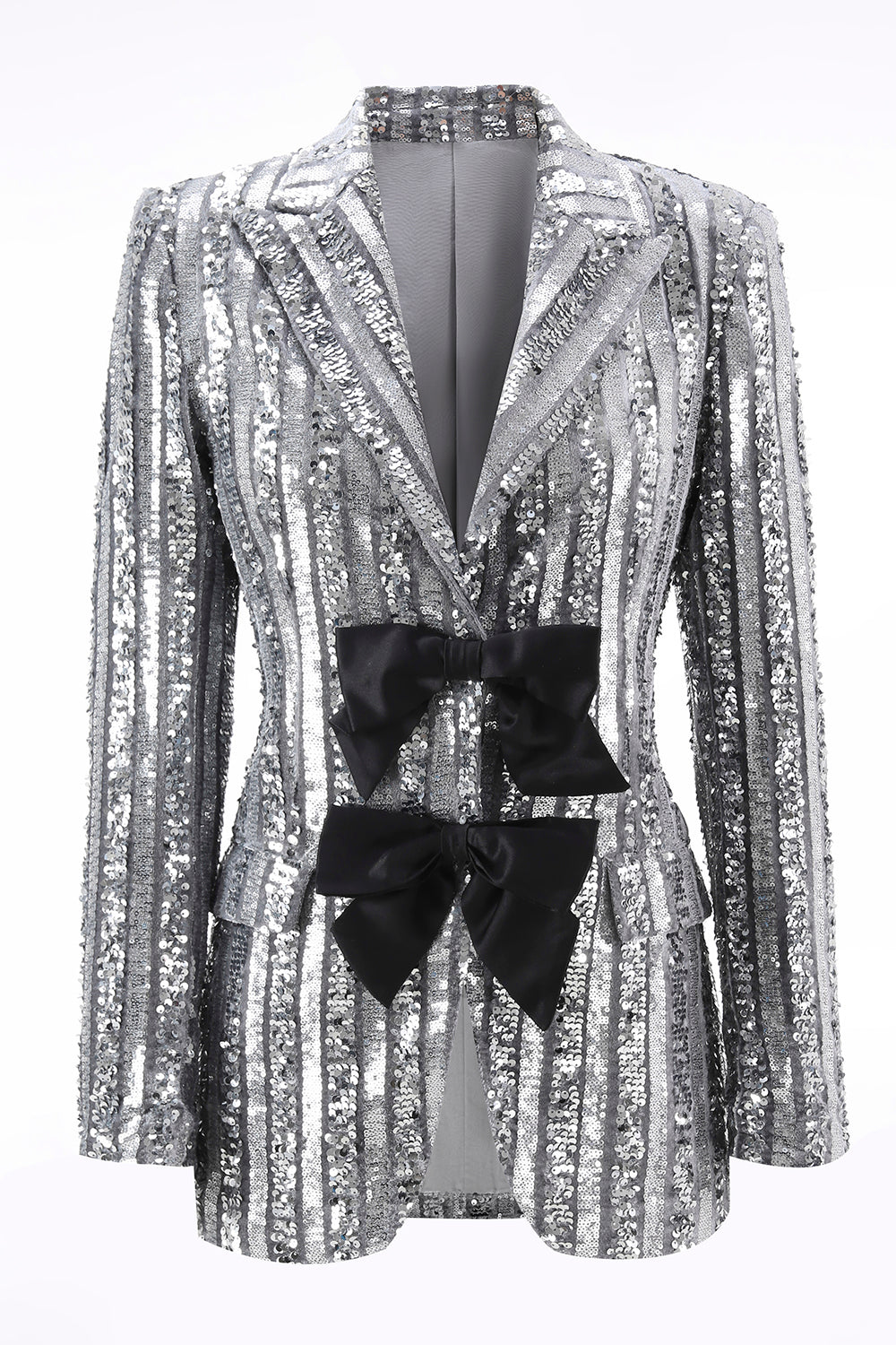 Glitzernd Silber Grau Pailletten Festliches Damen Blazer mit Schleife