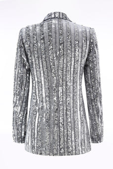 Glitzernd Silber Grau Pailletten Festliches Damen Blazer mit Schleife