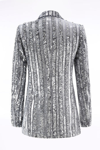 Glitzernd Silber Grau Pailletten Festliches Damen Blazer mit Schleife