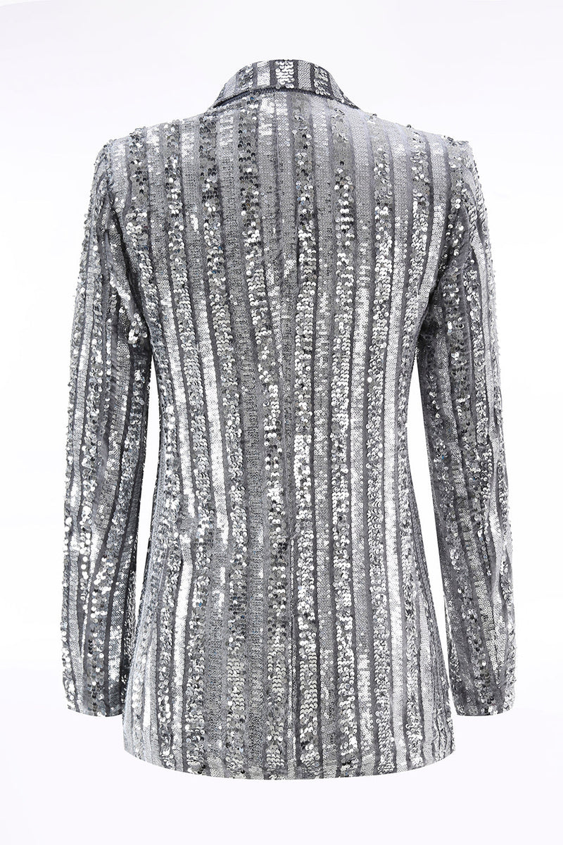 Laden Sie das Bild in den Galerie-Viewer, Glitzernd Silber Grau Pailletten Festliches Damen Blazer mit Schleife