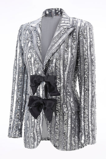 Glitzernd Silber Grau Pailletten Festliches Damen Blazer mit Schleife