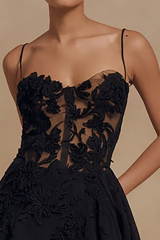 Schwarz A Linie Spaghettiträger Kurze Cocktail Kleid mit Applikationen