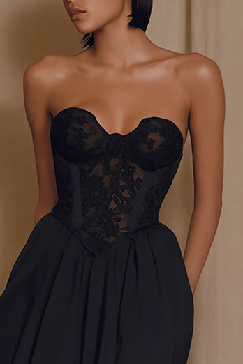 Schwarz Herz-Ausschnitt A Linie Kurze Cocktail Kleid mit Applikationen