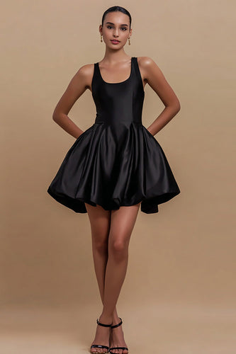 Schwarz Satin A Linie Rundhalsausschnitt Kurze Cocktail Kleid