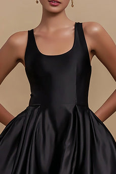 Schwarz Satin A Linie Rundhalsausschnitt Kurze Cocktail Kleid