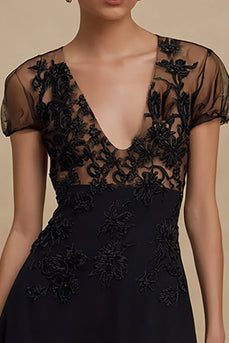 Schwarz Tüll A Linie V-Ausschnitt Kurze Cocktail Kleid mit Spitze