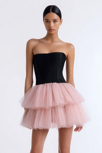 Schwarz und Rosa Trägerlos Gestufte A Linie Tüll Kurze Cocktail Kleid