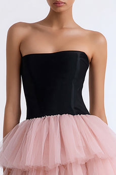 Schwarz und Rosa Trägerlos Gestufte A Linie Tüll Kurze Cocktail Kleid