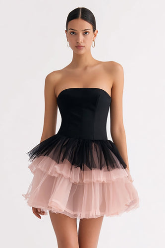 Schwarz und Rosa Gestufte Trägerlos Tüll A Linie Kurze Cocktail Kleid