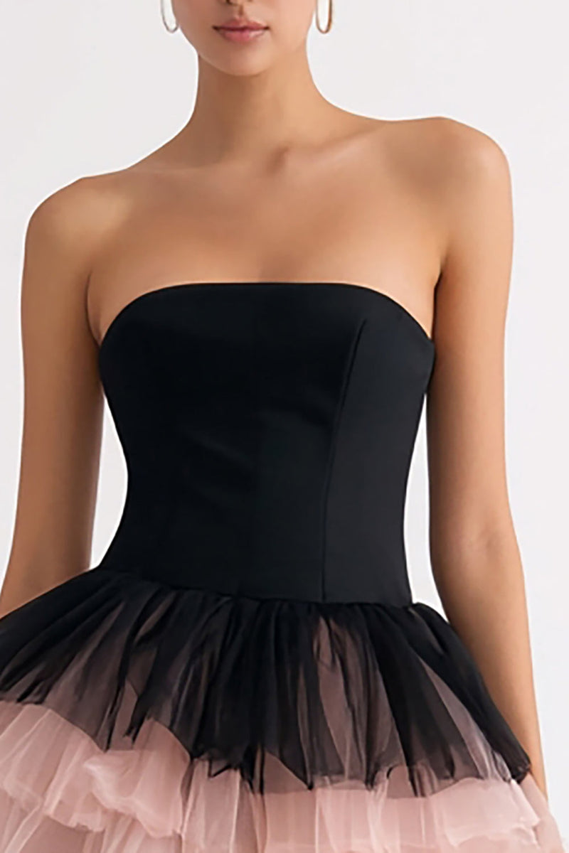 Laden Sie das Bild in den Galerie-Viewer, Schwarz und Rosa Gestufte Trägerlos Tüll A Linie Kurze Cocktail Kleid