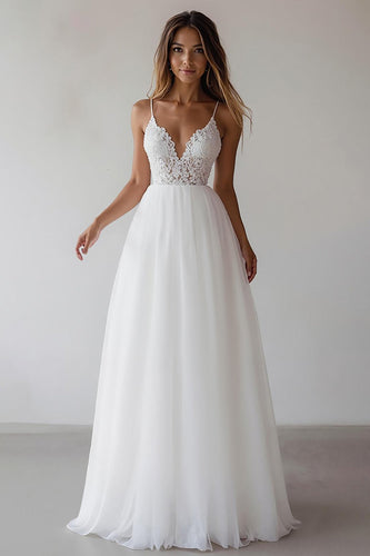 Weiß Spaghettiträger A Linie Maxi Abschlusskleid mit Spitze