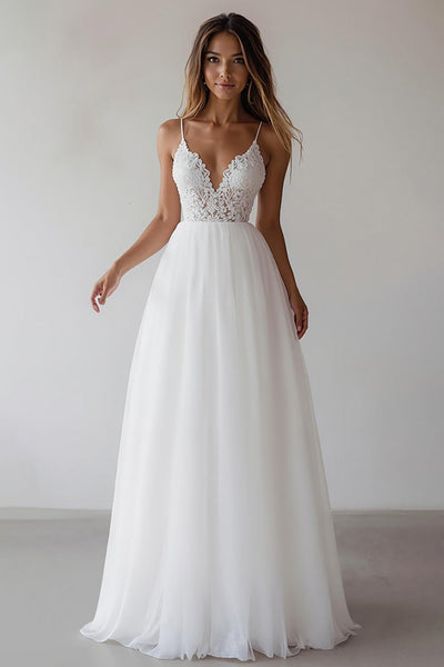 Weiß Spaghettiträger A Linie Maxi Abschlusskleid mit Spitze