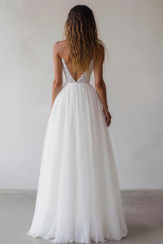 Weiß Spaghettiträger A Linie Maxi Abschlusskleid mit Spitze