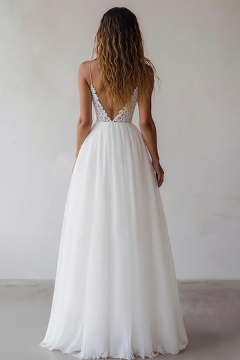 Weiß Spaghettiträger A Linie Maxi Abschlusskleid mit Spitze