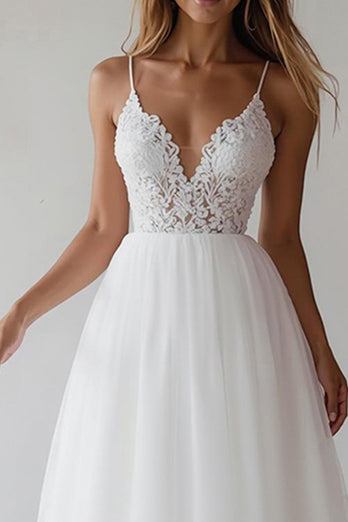 Weiß Spaghettiträger A Linie Maxi Abschlusskleid mit Spitze