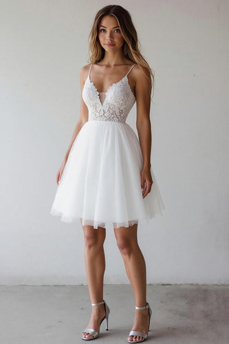 Weiß A Linie Spaghettiträger Kurzes Hochzeit Partykleider mit Spitze