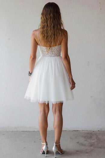 Weiß A Linie Spaghettiträger Kurzes Hochzeit Partykleider mit Spitze