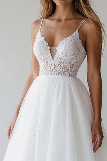 Weiß A Linie Spaghettiträger Kurzes Hochzeit Partykleider mit Spitze