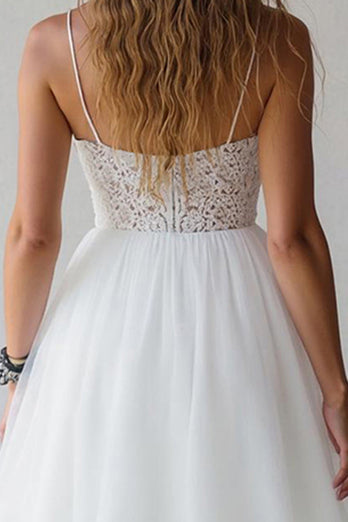 Weiß A Linie Spaghettiträger Kurzes Hochzeit Partykleider mit Spitze
