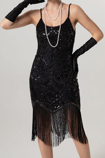 Glitzernd Schwarz Pailletten Spaghettiträger Bodycon Kurz 20er Jahre Kleid mit Fransen