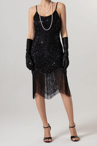 Glitzernd Schwarz Pailletten Spaghettiträger Bodycon Kurz 20er Jahre Kleid mit Fransen