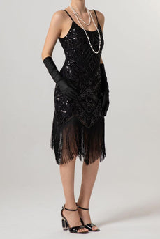 Glitzernd Schwarz Pailletten Spaghettiträger Bodycon Kurz 20er Jahre Kleid mit Fransen