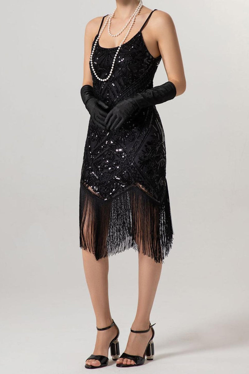 Laden Sie das Bild in den Galerie-Viewer, Glitzernd Schwarz Pailletten Spaghettiträger Bodycon Kurz 20er Jahre Kleid mit Fransen