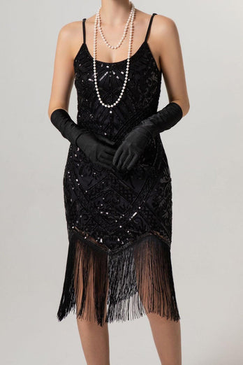 Glitzernd Schwarz Pailletten Spaghettiträger Bodycon Kurz 20er Jahre Kleid mit Fransen
