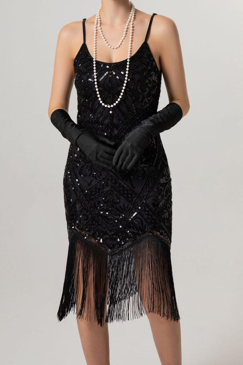 Laden Sie das Bild in den Galerie-Viewer, Glitzernd Schwarz Pailletten Spaghettiträger Bodycon Kurz 20er Jahre Kleid mit Fransen