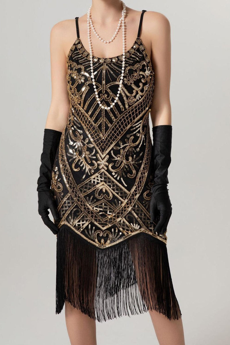 Laden Sie das Bild in den Galerie-Viewer, Glitzernd Schwarz Pailletten Spaghettiträger Bodycon Kurz 20er Jahre Kleid mit Fransen